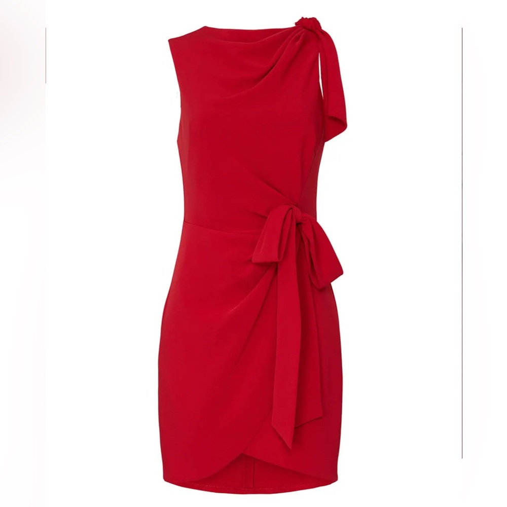 cinq a sept Red Asymmetric Bow-Detail Mini Dress